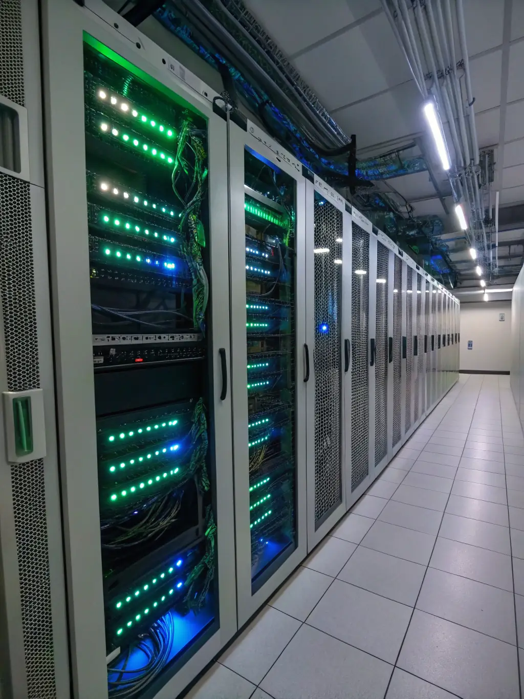 A professional-looking server room with blinking lights, symbolizing secure and client-controlled infrastructure.