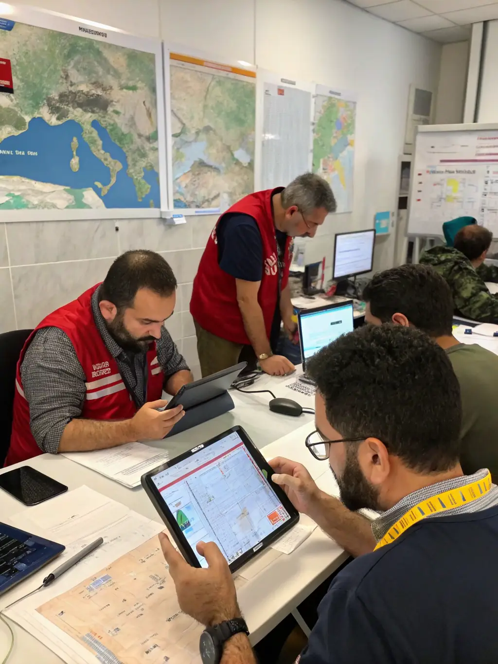 NGO workers using AI-powered data analysis tools to optimize aid distribution in a remote location, emphasizing the impact of AI in humanitarian efforts.
