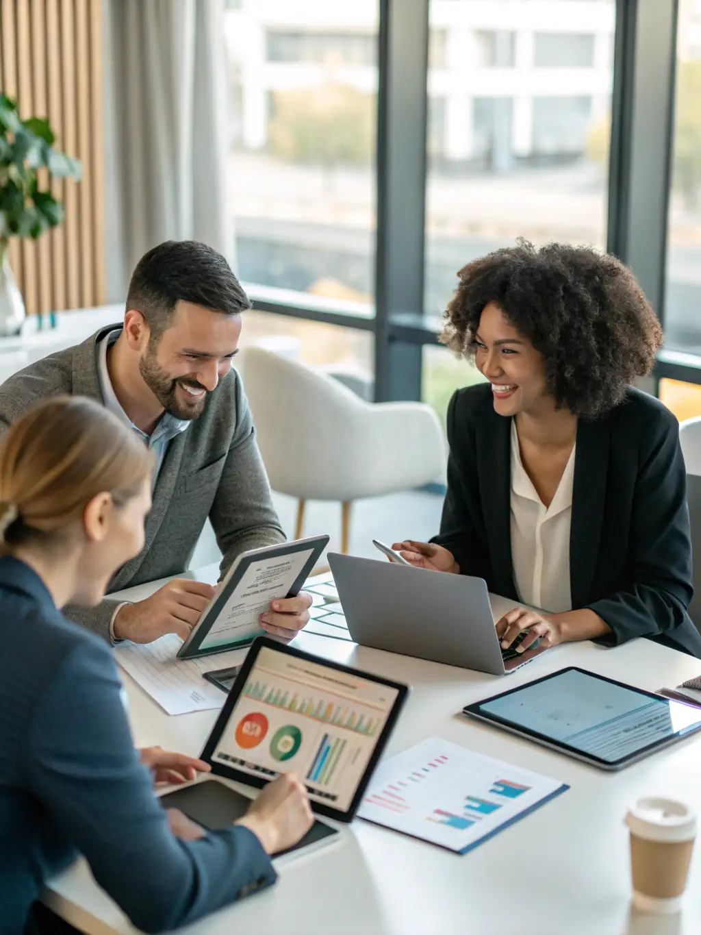A professional graphic illustrating the initial consultation phase with GIANA, showing a diverse team discussing AI solutions with a client in a modern office setting.