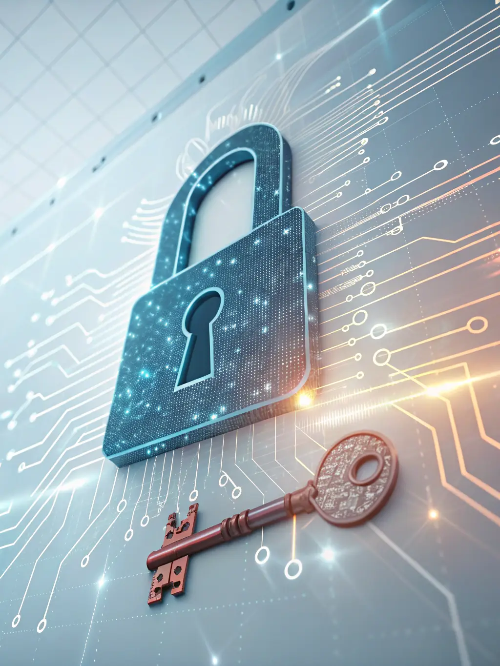 A digital key hovering over a server, representing full ownership of AI solutions and data.