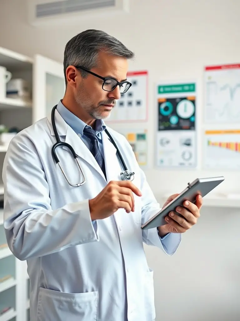 A doctor using an AI-powered diagnostic tool to analyze medical images, highlighting the precision and speed of AI in healthcare.