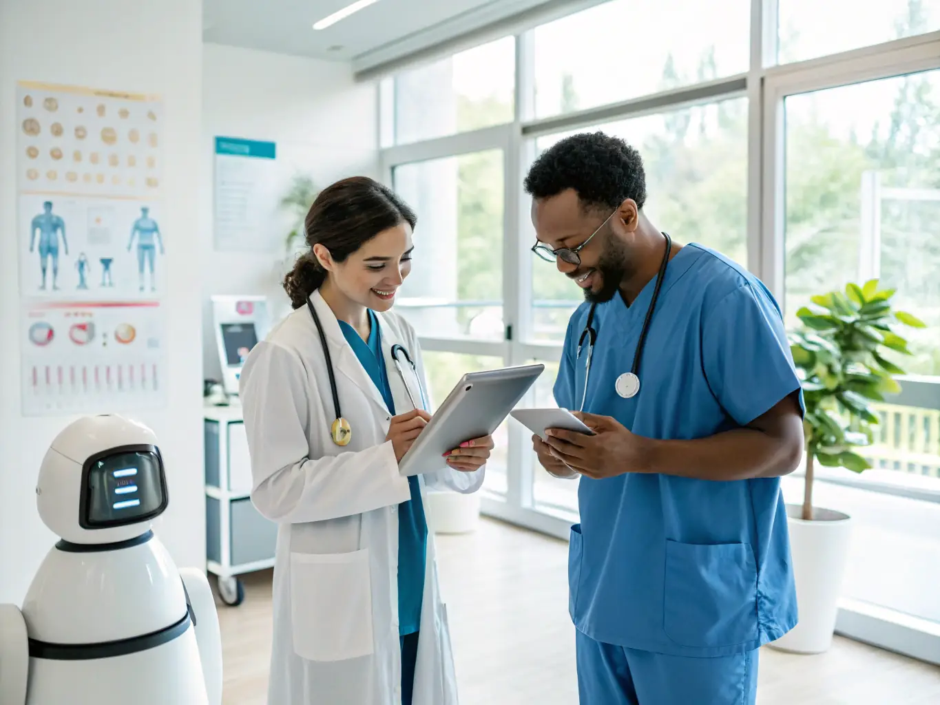 A compassionate image of healthcare professionals using AI-powered diagnostic tools to improve patient care and outcomes.
