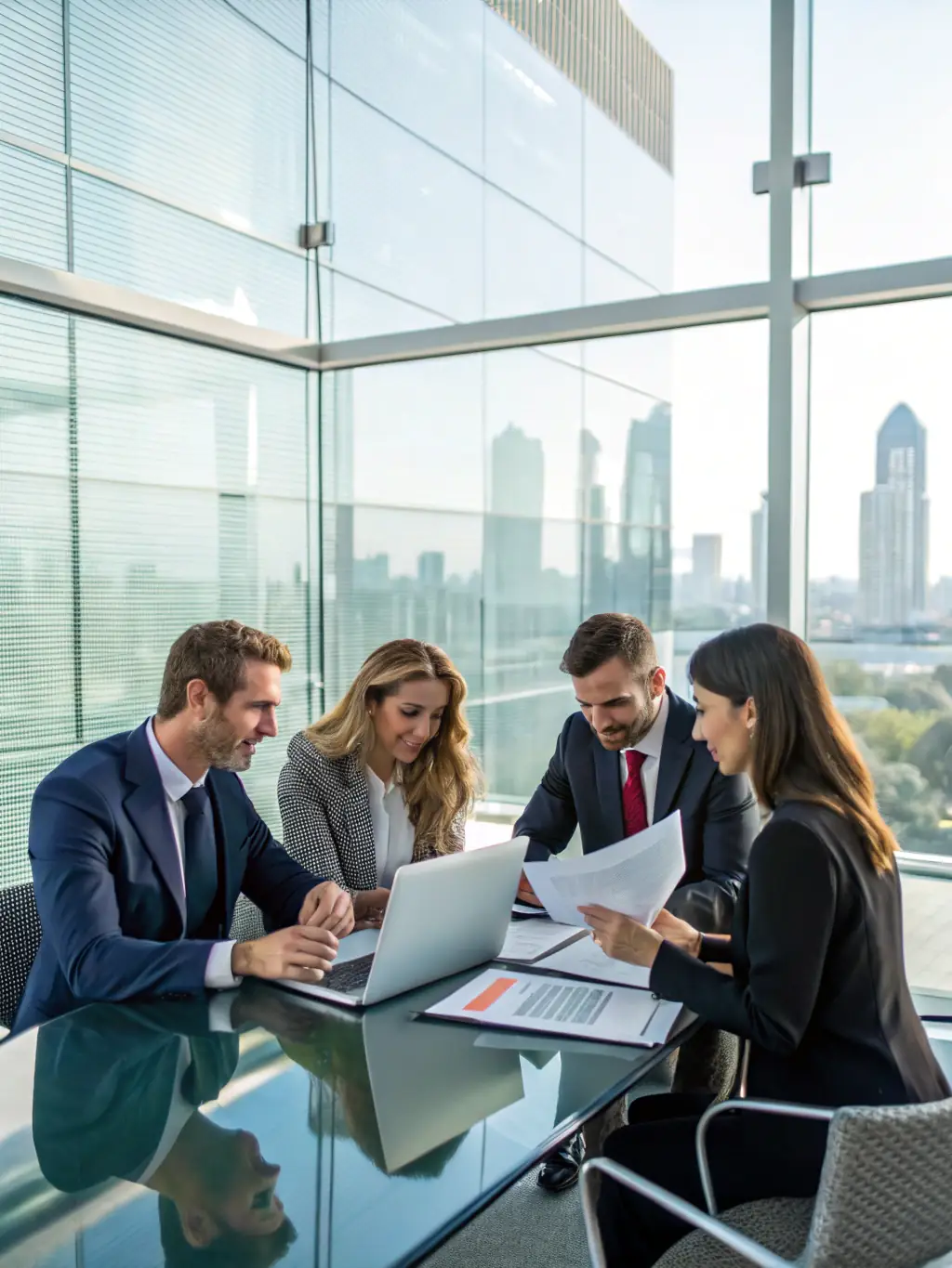 A diverse group of government officials collaborating on a project in a modern, sunlit office, emphasizing teamwork and innovation in public service.