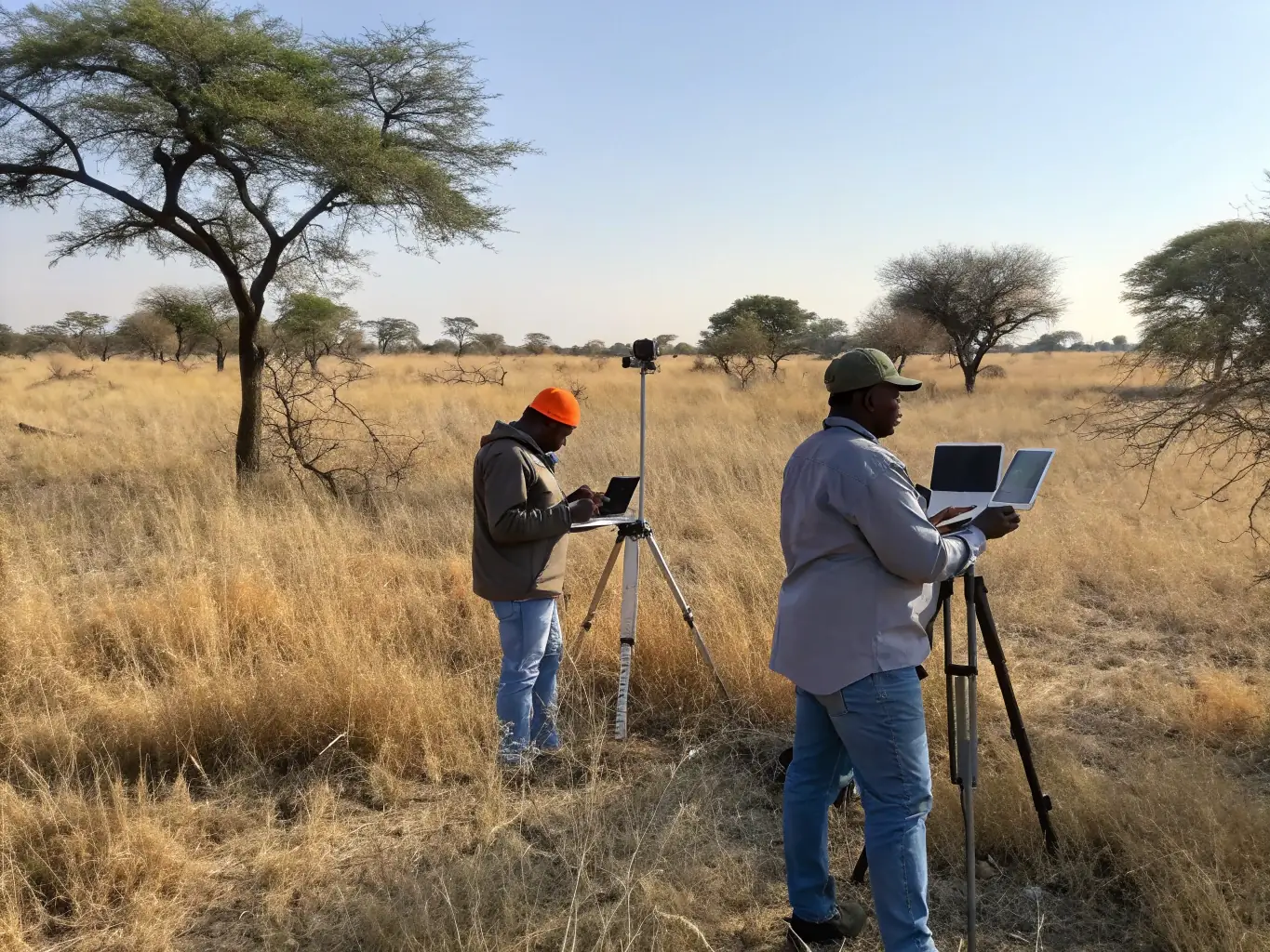 A photograph of NGO workers using AI-powered tools to analyze data and optimize aid distribution in a developing country.