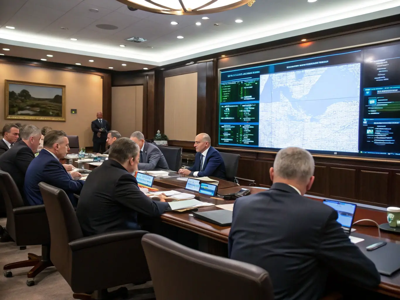 A professional photograph of a diverse group of government officials collaborating in a modern, secure meeting room, emphasizing trust and data privacy.