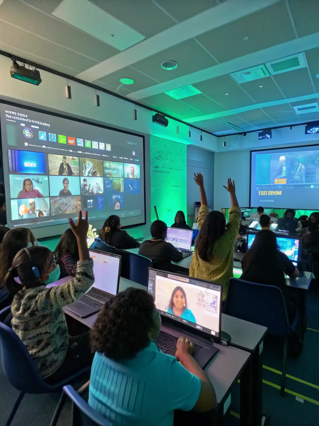 Students collaborating on a project using AI-powered educational tools in a modern classroom setting, showcasing the future of learning.