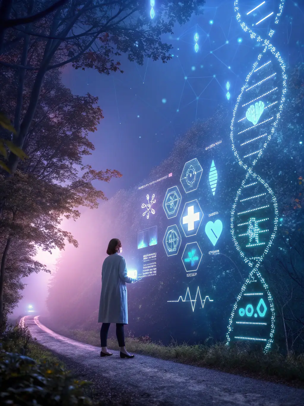 An abstract representation of DNA strands intertwined with digital data streams, symbolizing personalized medicine insights, with a focus on teal and purple color gradients.