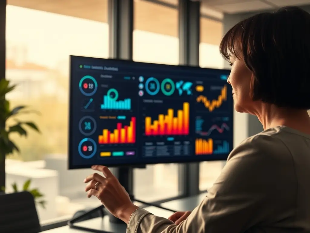 A professional NGO employee using the Grant Proposal Analyzer on a laptop, with charts and data visualizations in the background, showcasing the AI's analytical capabilities.