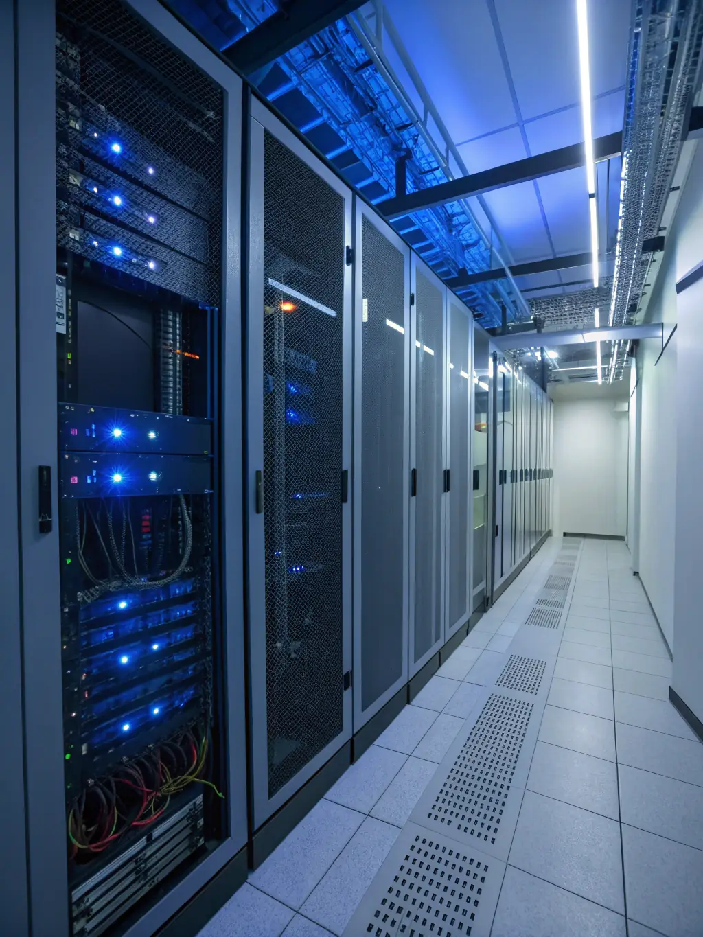 A secure server room with glowing lights and visible security protocols, emphasizing GIANA's commitment to data privacy and HIPAA compliance.