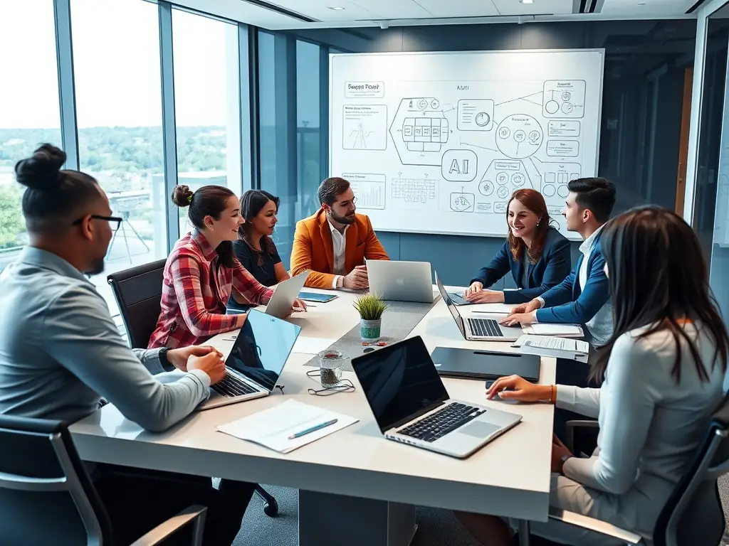 A professional photograph showcasing a team of AI specialists collaborating on a pre-built AI agent deployment in a modern office setting, emphasizing the ease and speed of integration.