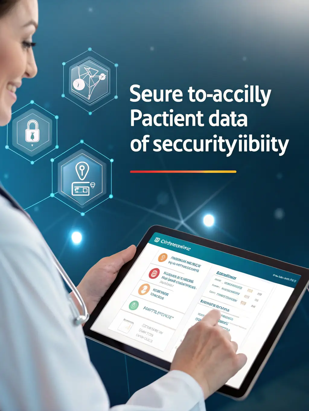 A digital illustration of a friendly AI assistant interface on a tablet, helping a patient describe their symptoms in a virtual health triage setting, with a teal and purple gradient background.