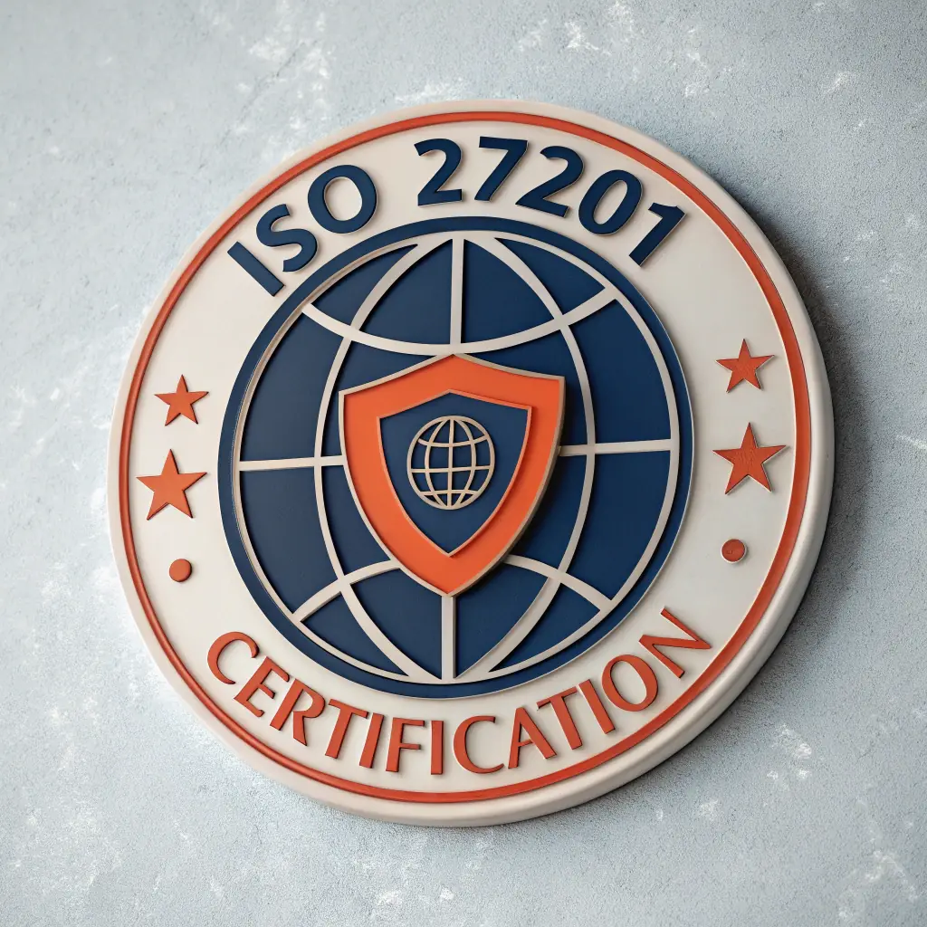 ISO 27001 logo, indicating compliance with international standards for information security management.