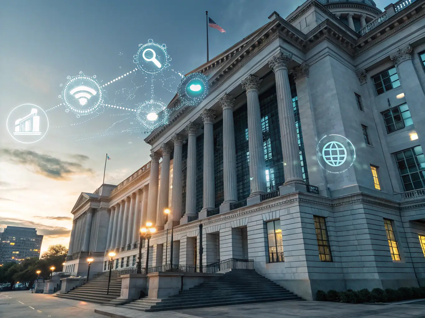 A professional government building with teal and purple accents, symbolizing the integration of AI into government operations.