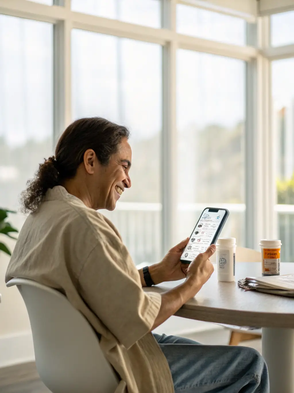 A stylized image of a digital hand approving a prior authorization request on a smartphone, with a healthcare professional smiling in the background, set against a dark background with teal accents.