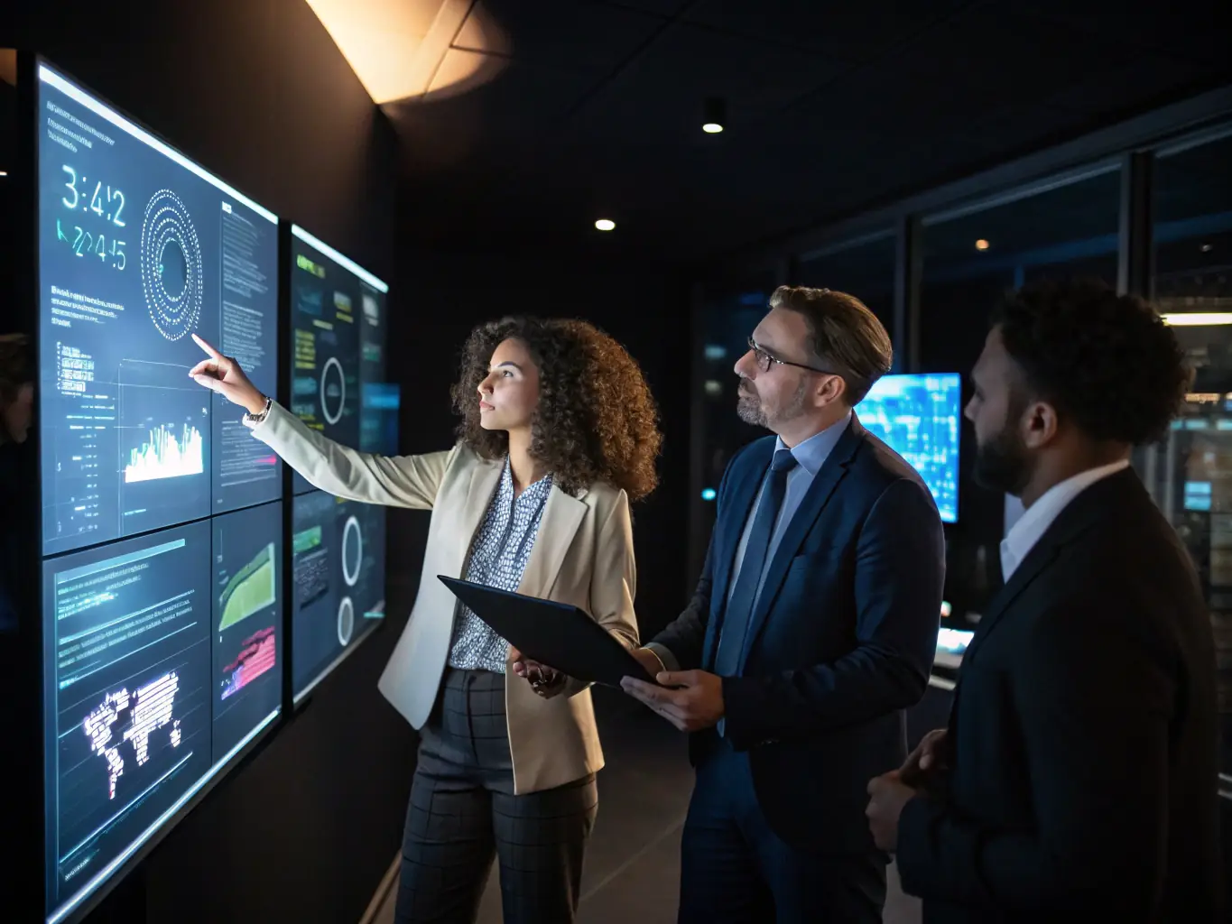 A visually striking image depicting a diverse team of NGO workers collaborating around a holographic display showing data analytics and AI insights, symbolizing enhanced teamwork and data-driven decision-making.