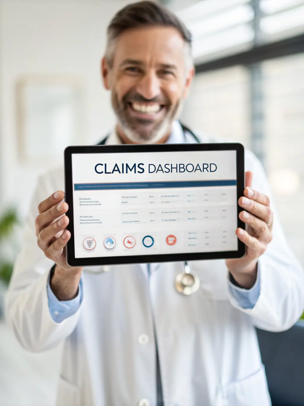 A doctor smiling while reviewing patient data on a tablet, illustrating the time-saving benefits of GIANA's AI tools.