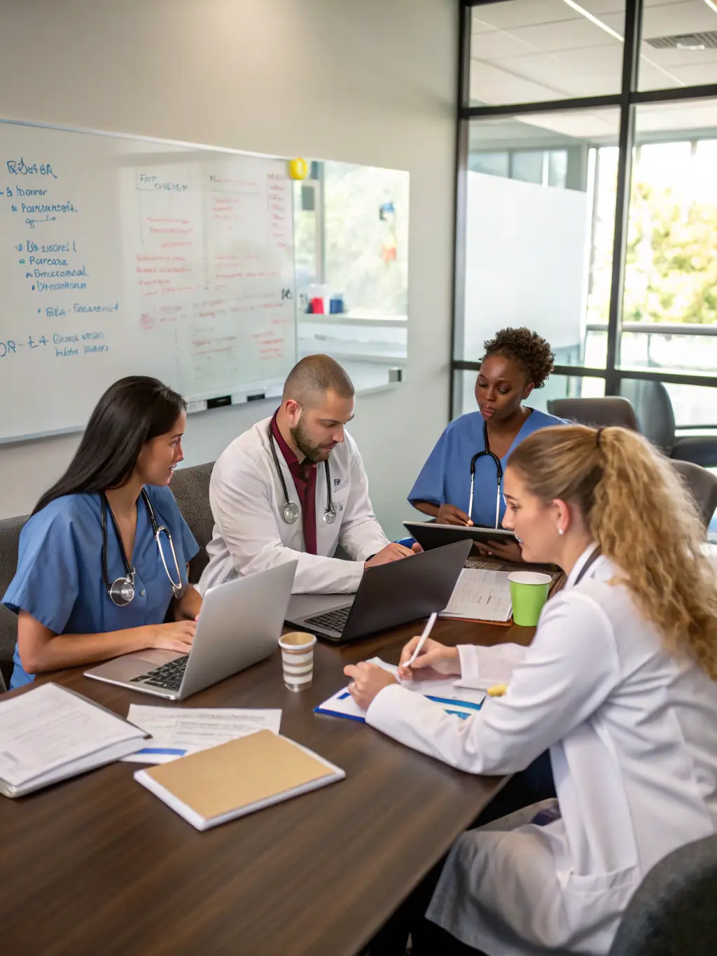 A diverse team of healthcare professionals collaborating around a digital dashboard, highlighting the improved care coordination facilitated by GIANA's AI.