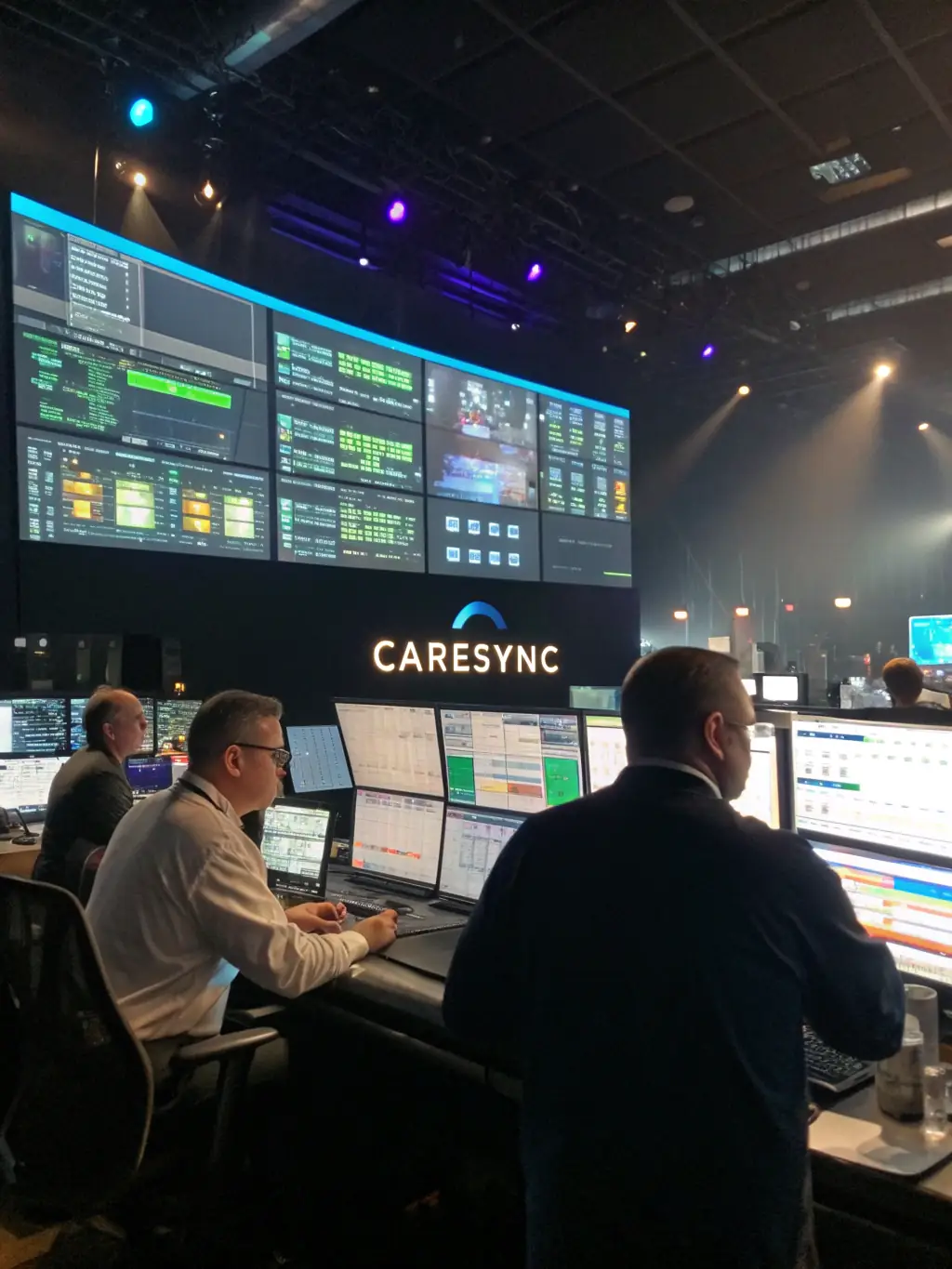 A futuristic hospital room dashboard displaying real-time bed availability and patient flow analytics, with a doctor reviewing the data on a large screen, using a dark theme with purple highlights.