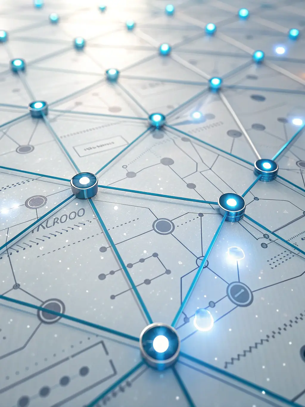 A futuristic image of interconnected nodes representing a network of AI agents working together seamlessly, symbolizing GIANA's integrated and efficient AI solutions.